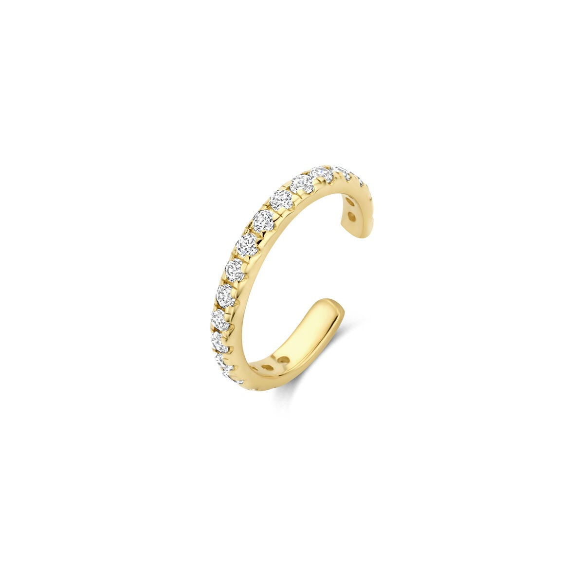 Ear cuff in oro giallo 14k con zirconi, design curvo e brillante.