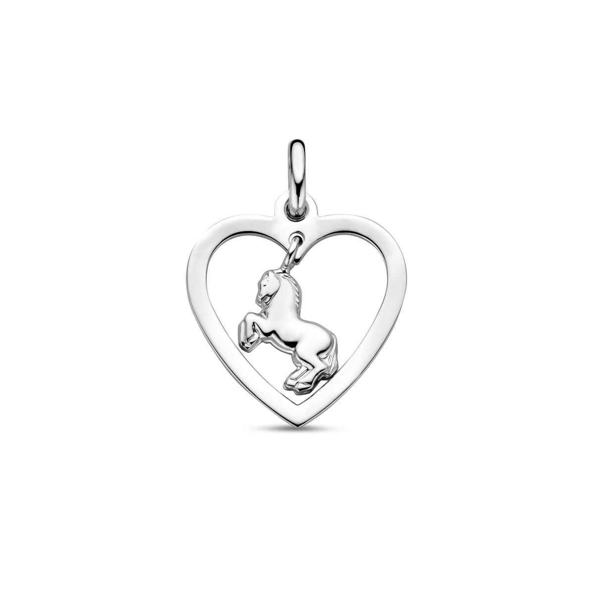 Zilveren kinderhanger in de vorm van een hart met een paard, gerhodineerd 925 zilver, 20 mm hoog.