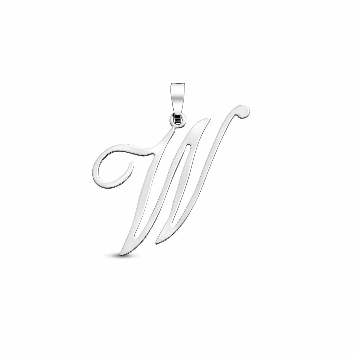 Gerhodineerde zilveren hanger in de vorm van de letter W, 35mm hoog met een glanzende afwerking.
