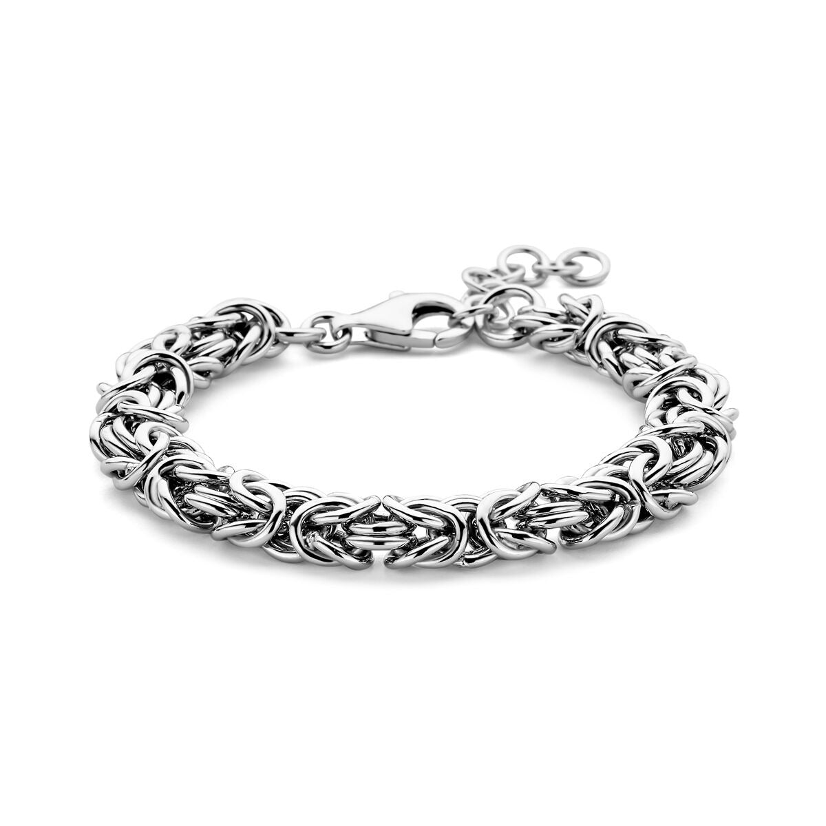 Gerhodineerde zilveren koningsschakel armband met een breedte van 10 mm en een gespsluiting.