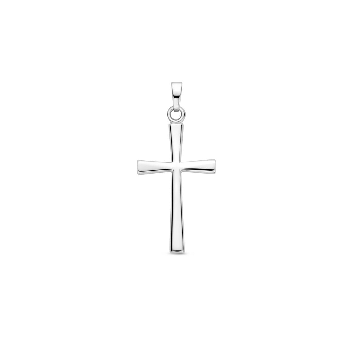 Ciondolo a croce in argento 925 rodiato, finitura lucida e design semplice.