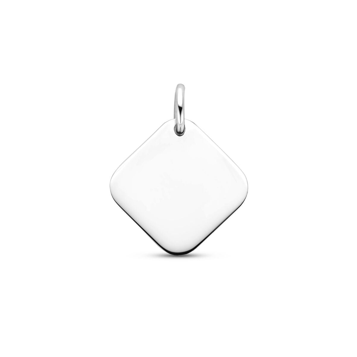 Ciondolo quadrato in argento 925 rodiato, con superficie liscia e finitura lucida.