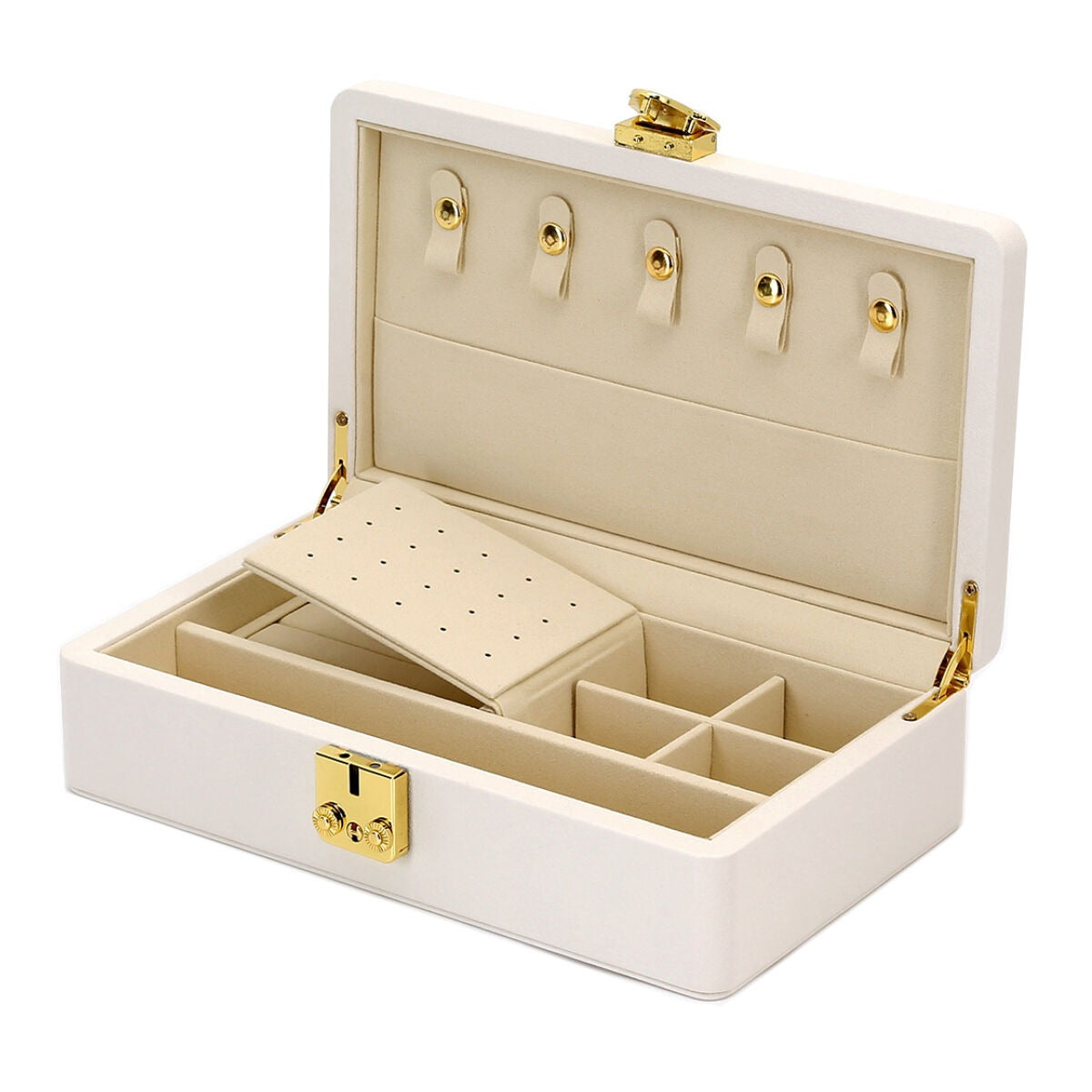 Cofanetto porta gioielli di lusso beige con accenti gialli – compatto ed elegante