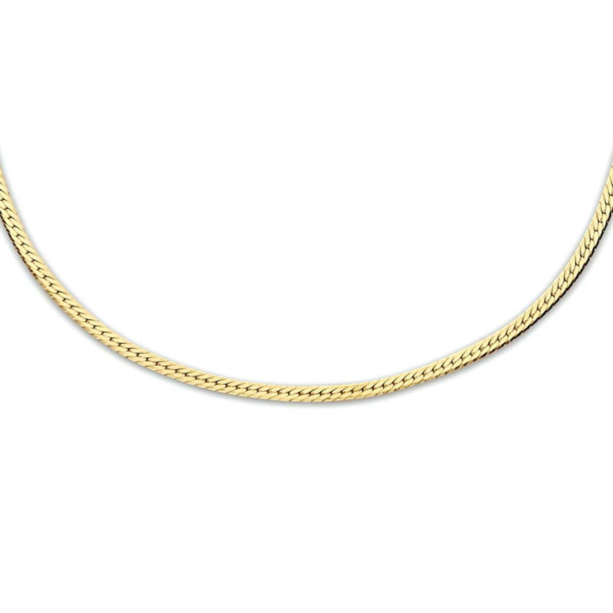 Verguld zilveren collier met platte slangschakel in een glanzende afwerking.