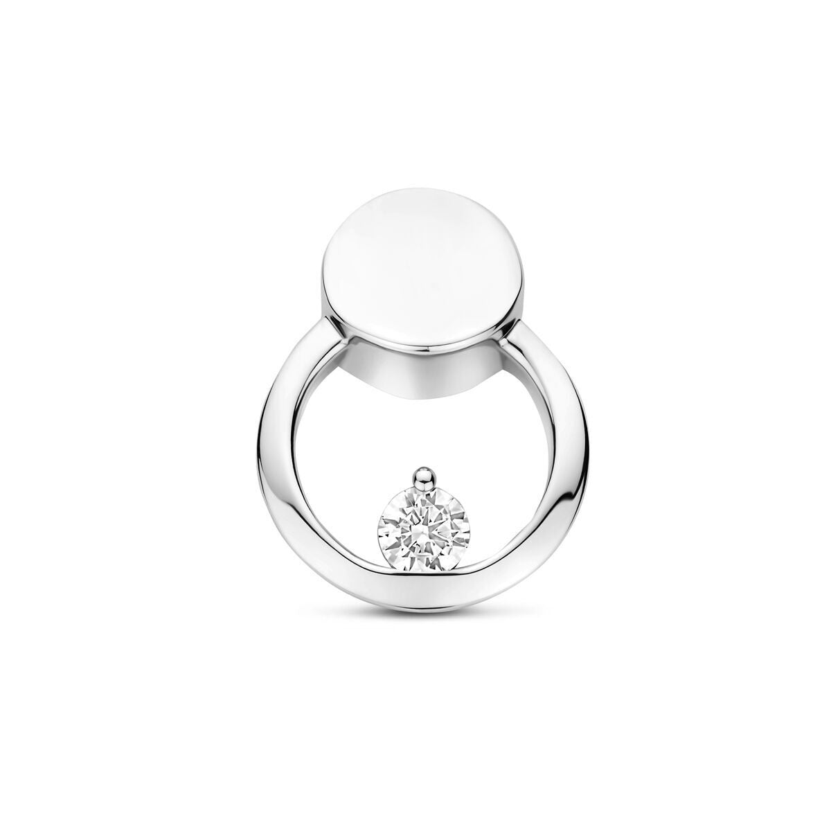 Ciondolo in argento con zircone, finitura rodiata, forma rotonda con dettaglio centrale.