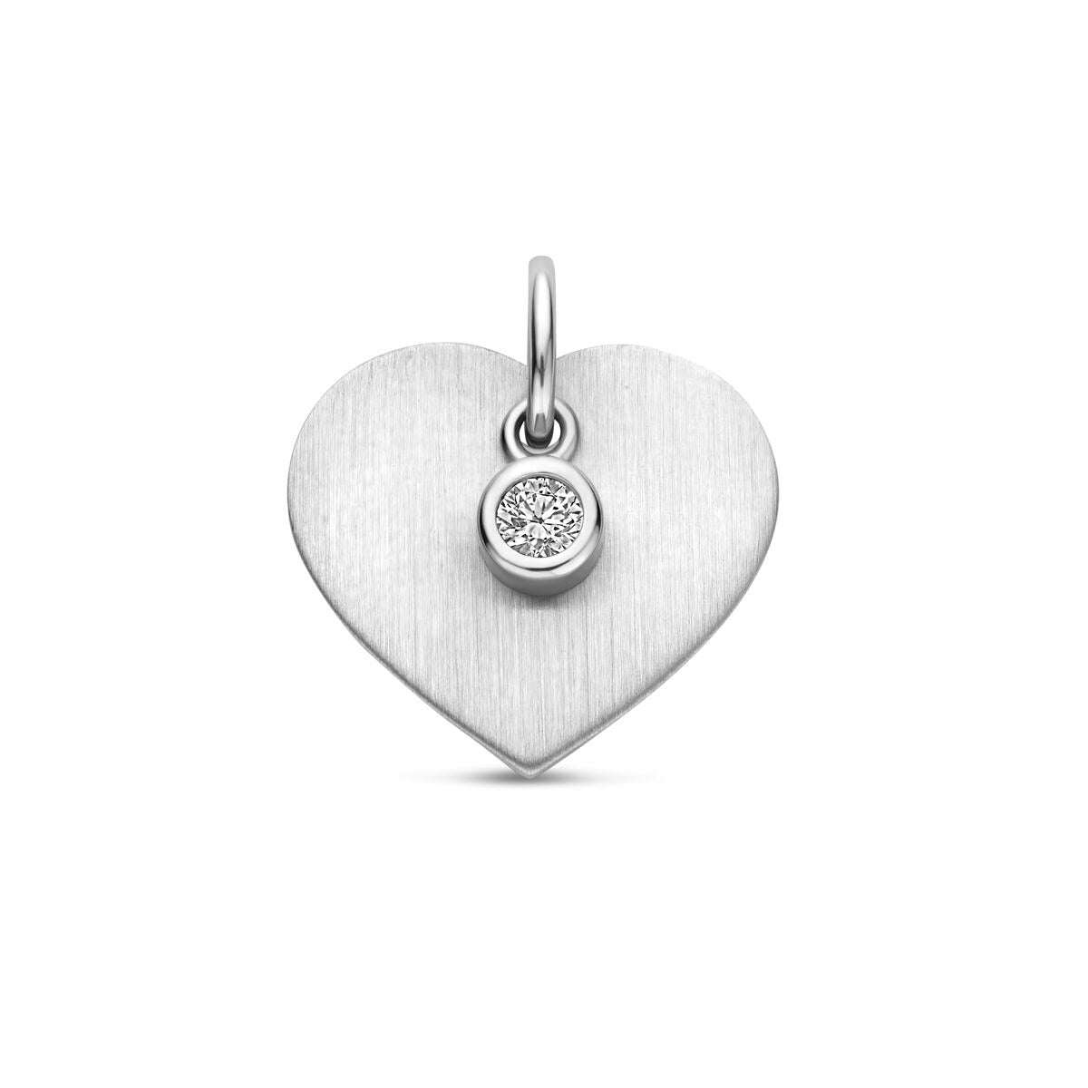 Ciondolo a forma di cuore in argento rodiato con zircone.