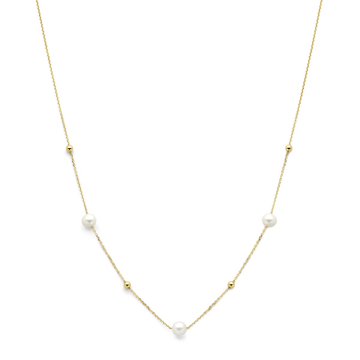 14k geelgouden collier met bolletjes en zoetwaterparels, met een delicate ketting en een speelse afwisseling van gouden bolletjes en parels.
