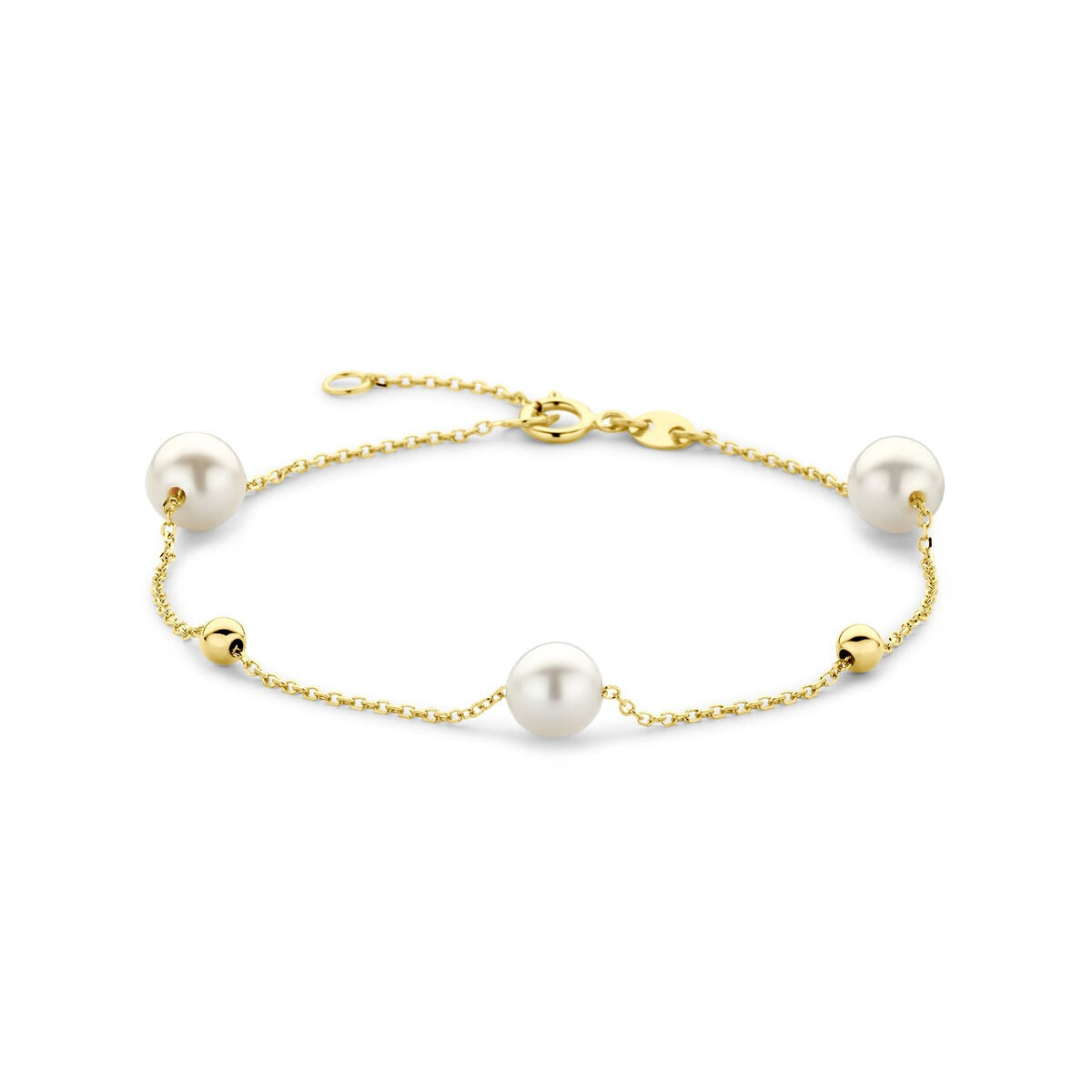 Bracciale da donna in oro giallo 14k con perle e pallini.