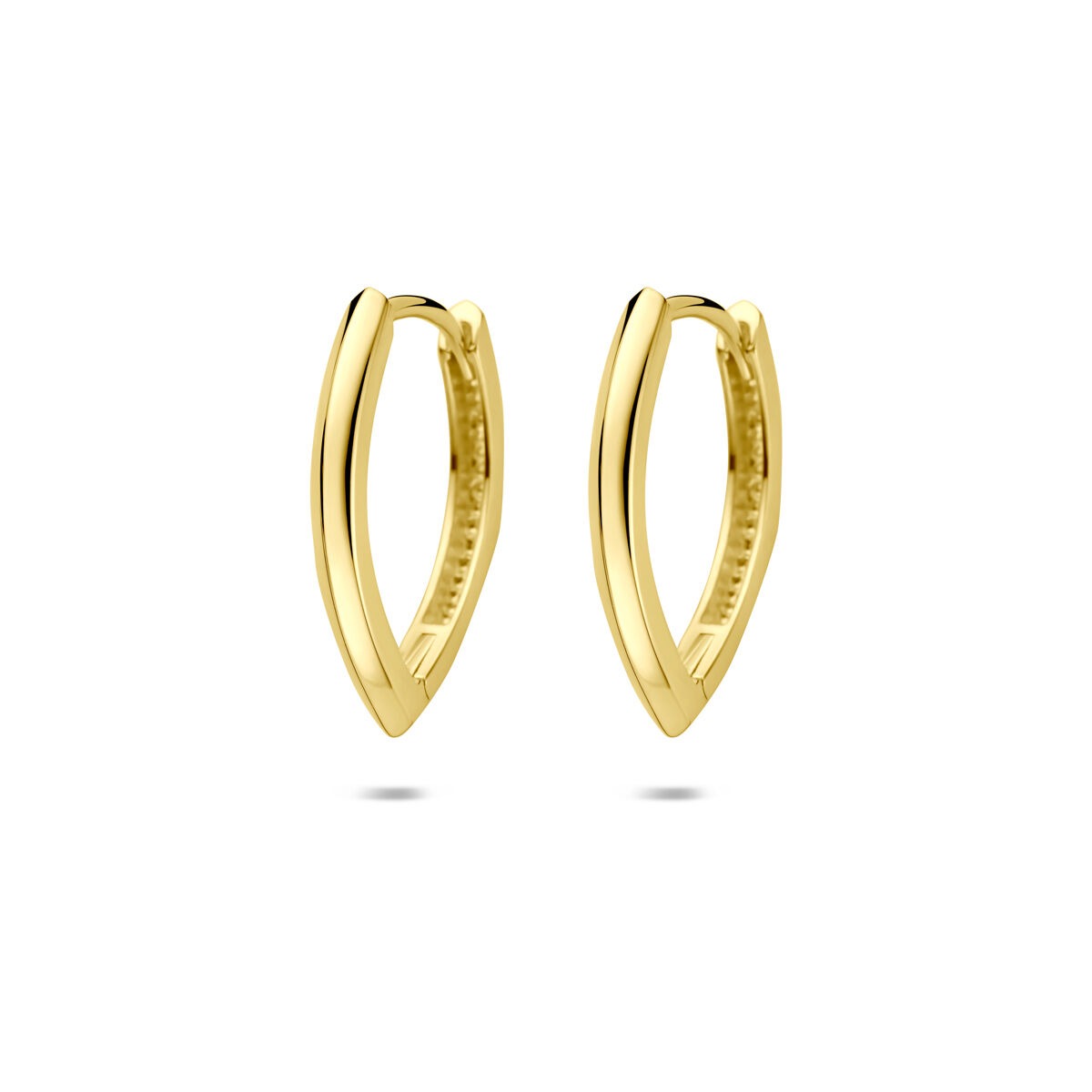 Orecchini alla creola in oro giallo 14k con chiusura a cerniera, forma ovale, misura 18,5 mm.