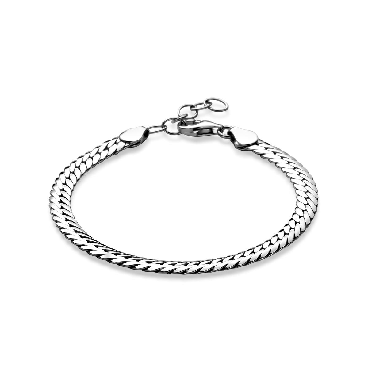 Zilveren gourmet armband van 925 gerhodineerd zilver met een vlechtstructuur en een karabijnsluiting.