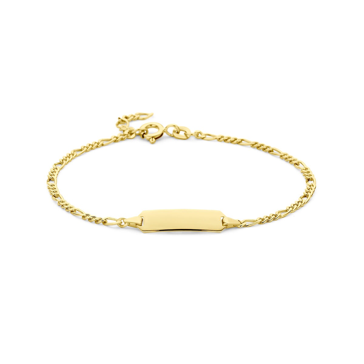 Bracciale in oro giallo 14k con catena figaro e piastra liscia di 5 mm.