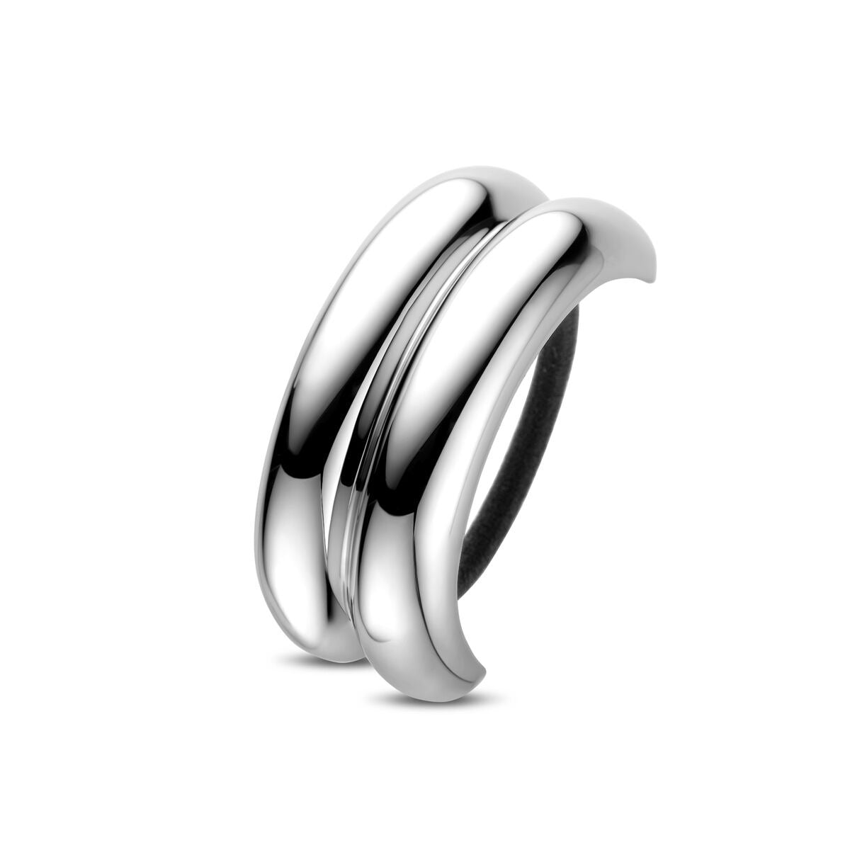 Cuff per capelli in acciaio color argento, forma ondulata, dimensioni 76x32mm.