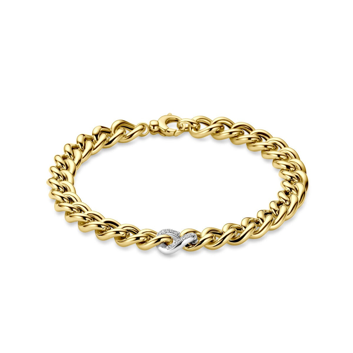Bracciale in oro bicolore giallo e bianco con diamante, design a catena.