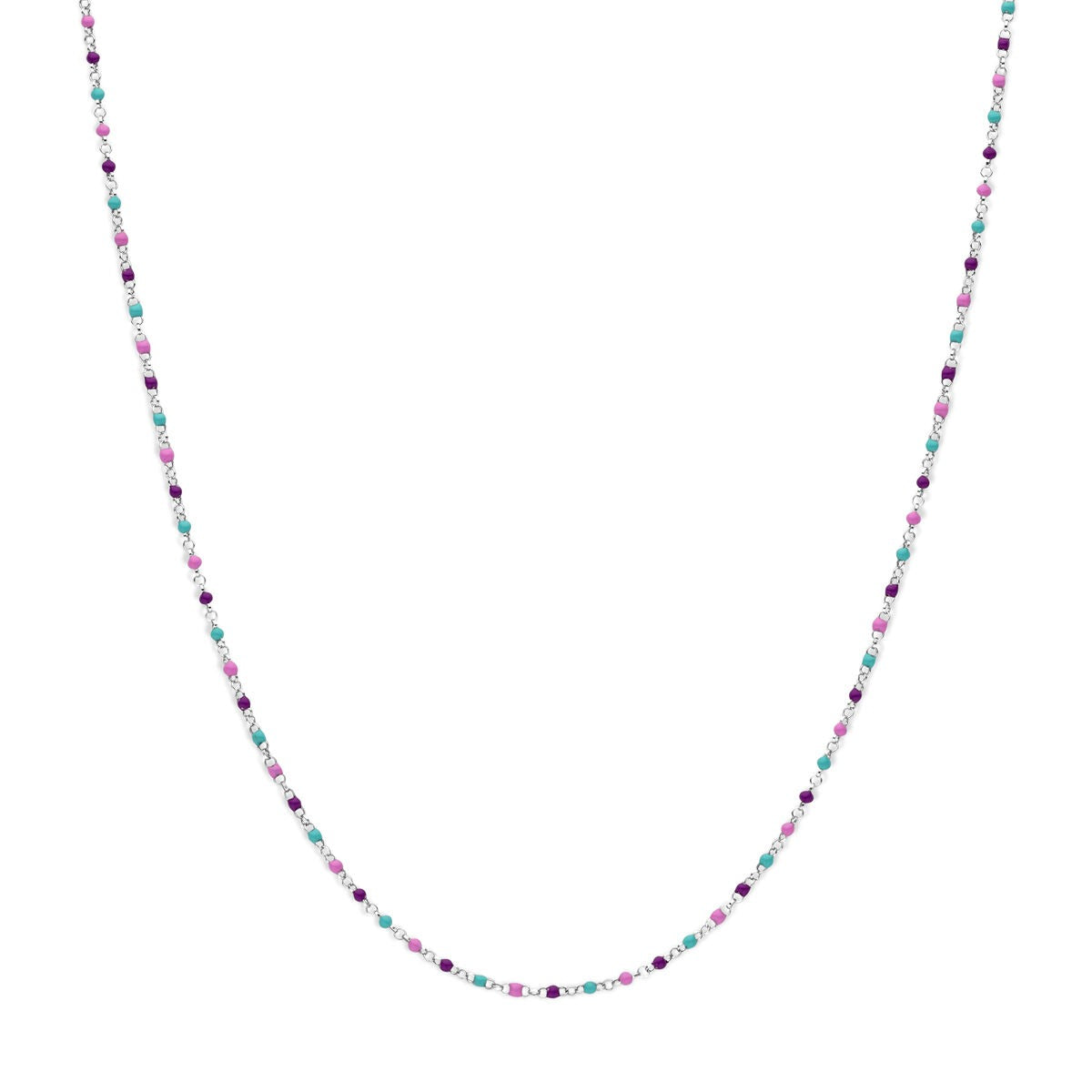 Collana per bambini in argento rodiato con pallini smaltati multicolori, lunghezza 36-40 cm.
