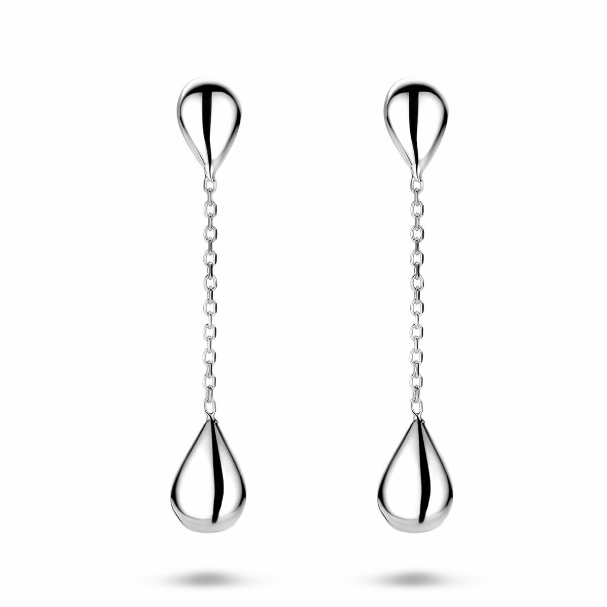 Zilveren gerhodineerde oorhangers in druppelvorm met een lengte van 36 mm en een kettingdetail.