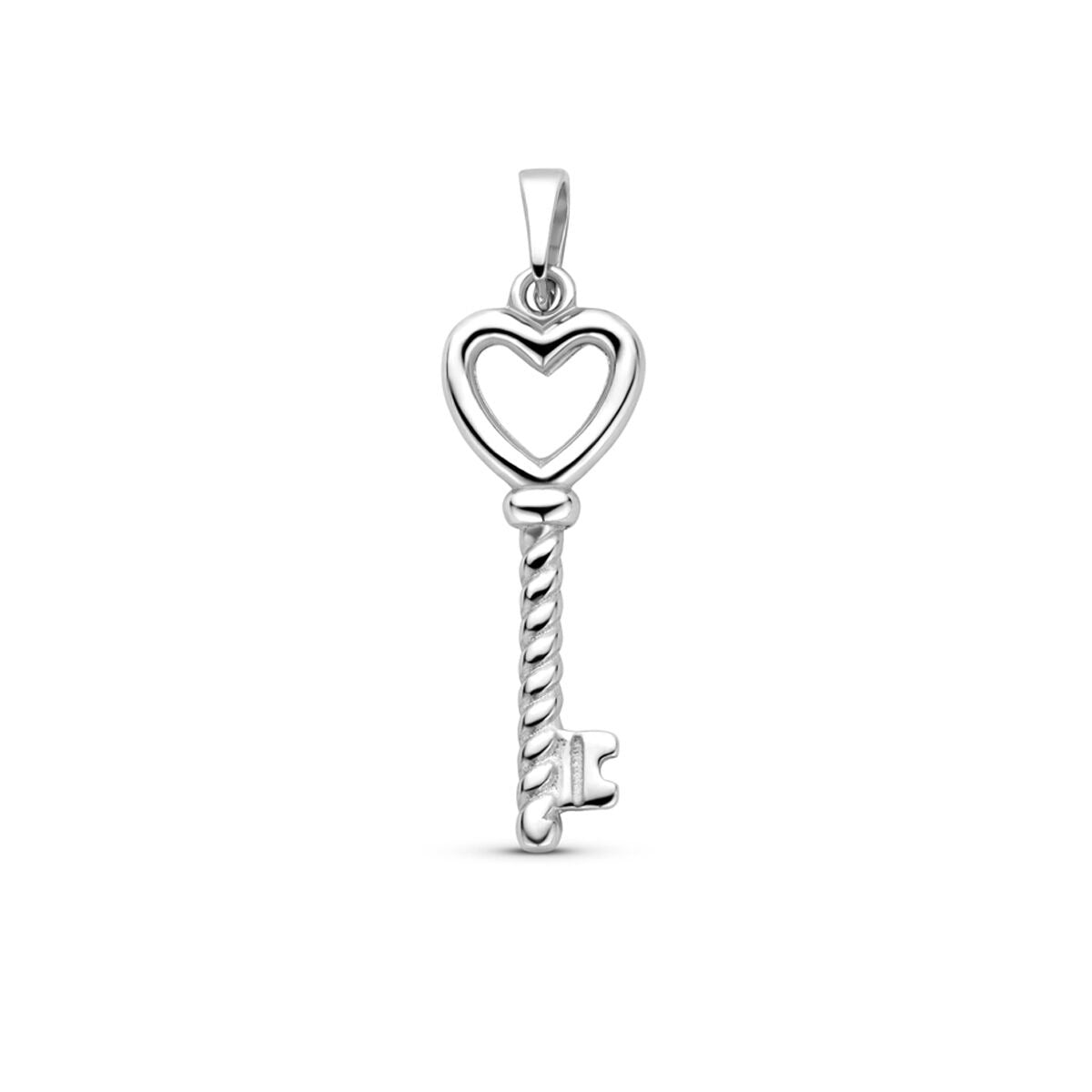Ciondolo in argento 925 rodiato a forma di cuore e chiave, con dettagli intrecciati.