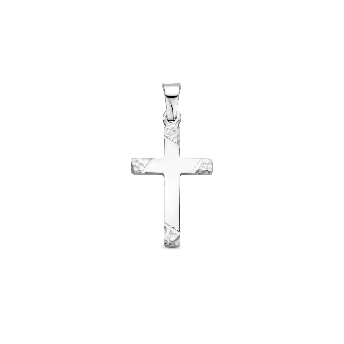 Ciondolo a croce in argento 925 rodiato con finitura martellata, lucida e diamantata.