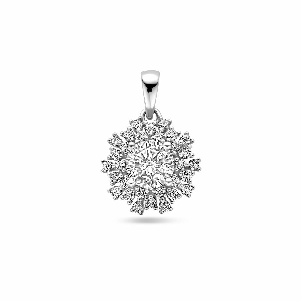 Ciondolo in argento rodiato con zirconi, forma rotonda e design pavé.