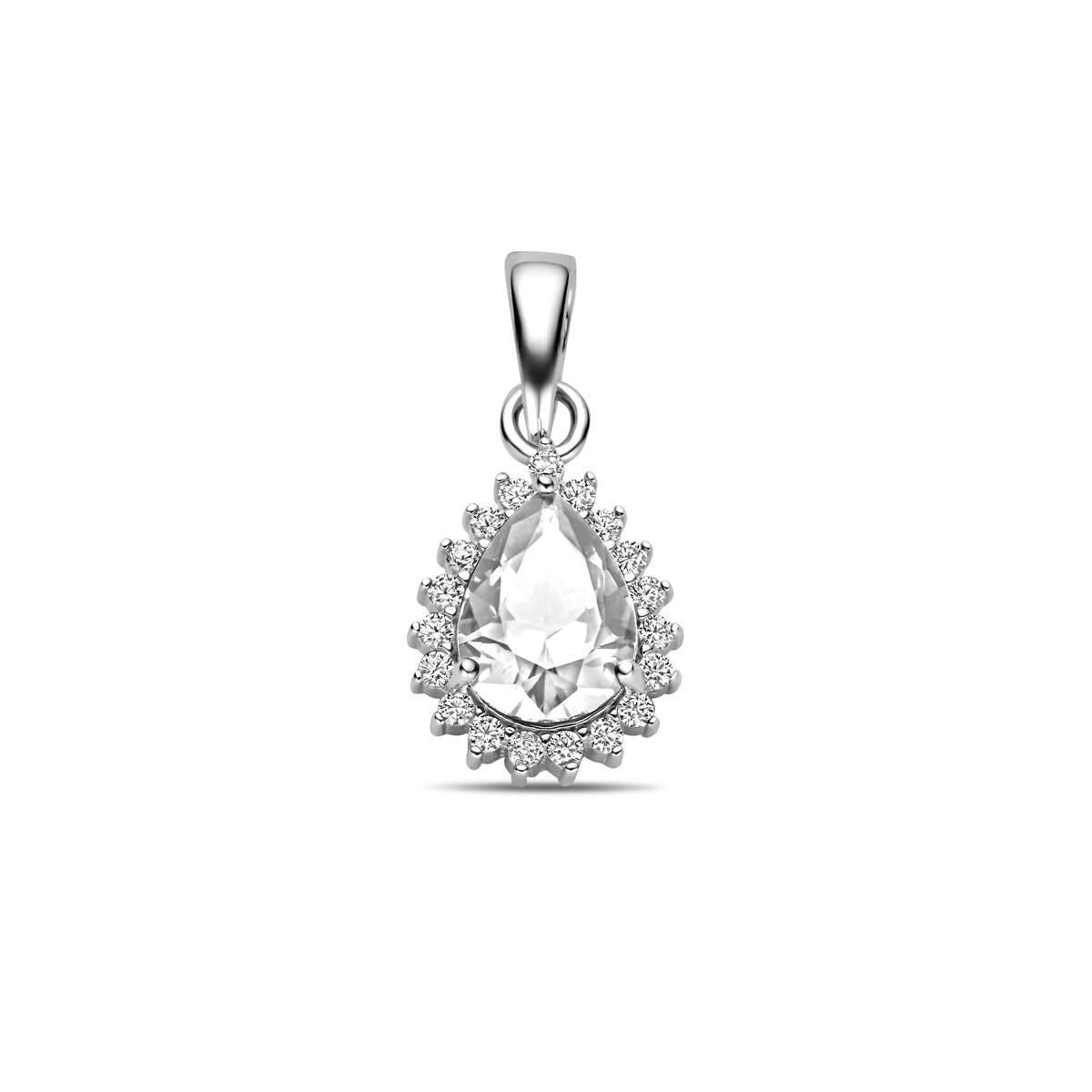 Zilveren hanger met peervormige zirkonia omringd door kleine zirkonia's.