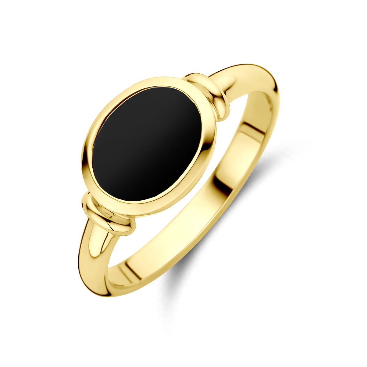 Anello in oro giallo 14k con onice, forma ovale e finitura lucida.