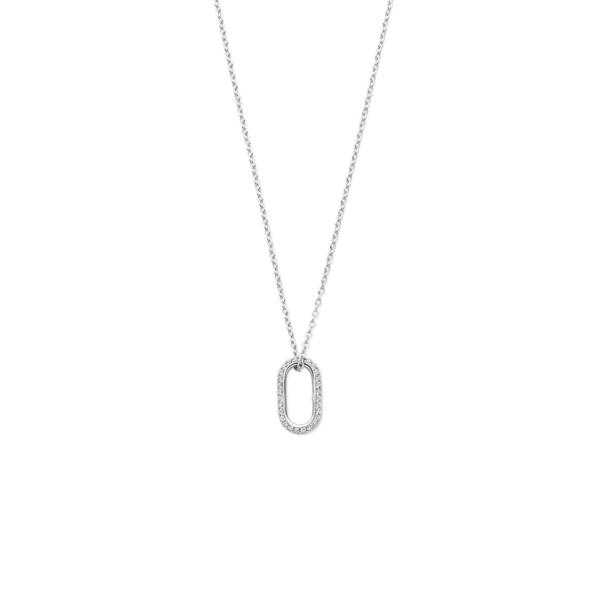 Collana in argento rodiato con ciondolo ovale decorato con zirconi.