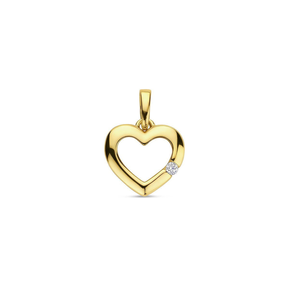 Geelgouden hanger in de vorm van een hart met een zirkonia aan de zijkant.