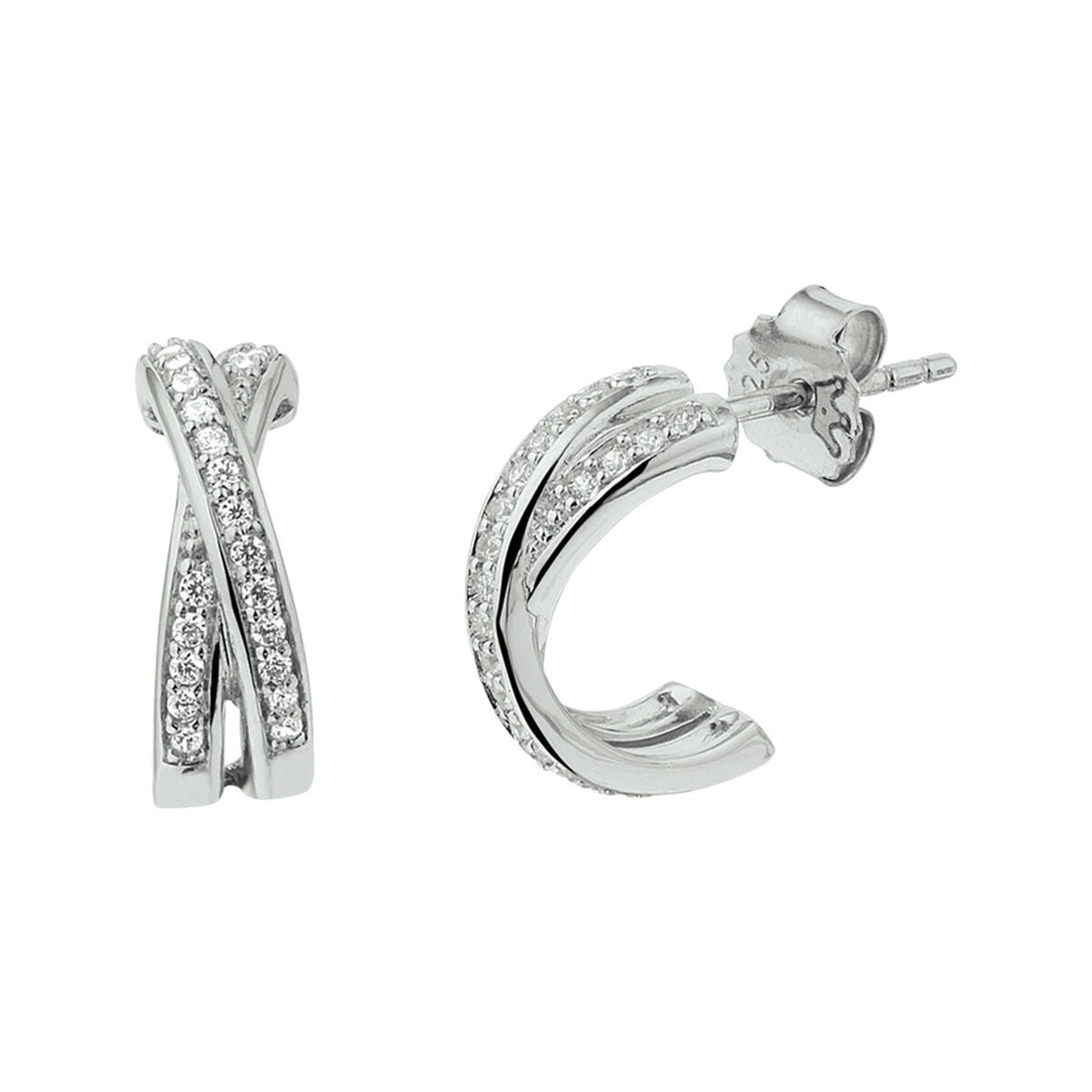Orecchini alla creola in argento rodiato 925 con zircone, design intrecciato.
