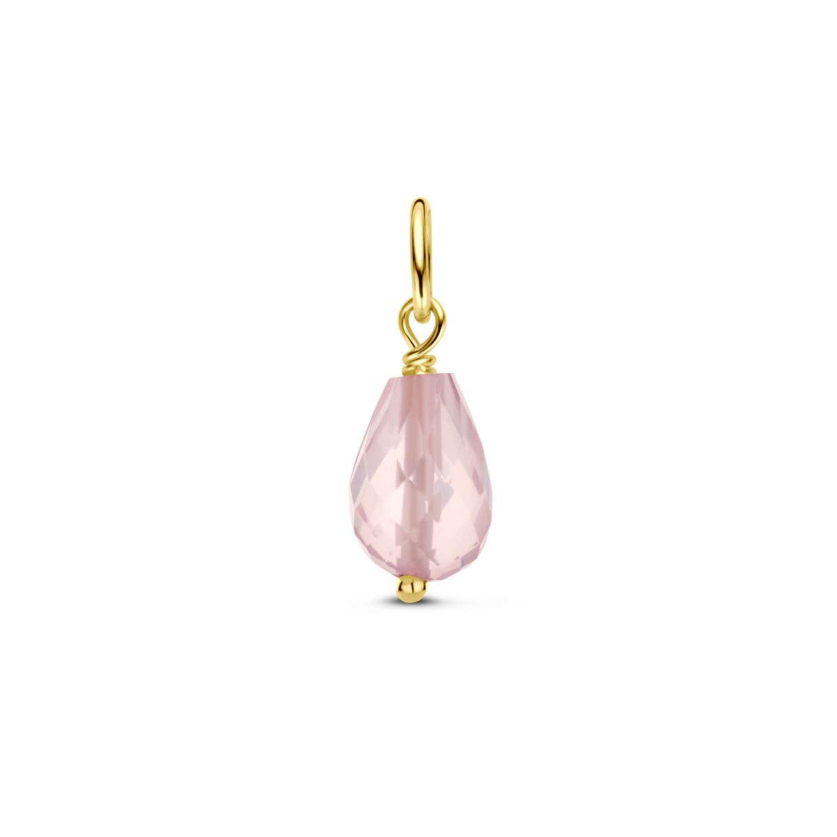 Geelgouden hanger met briolette geslepen rozenkwarts in druppelvorm.