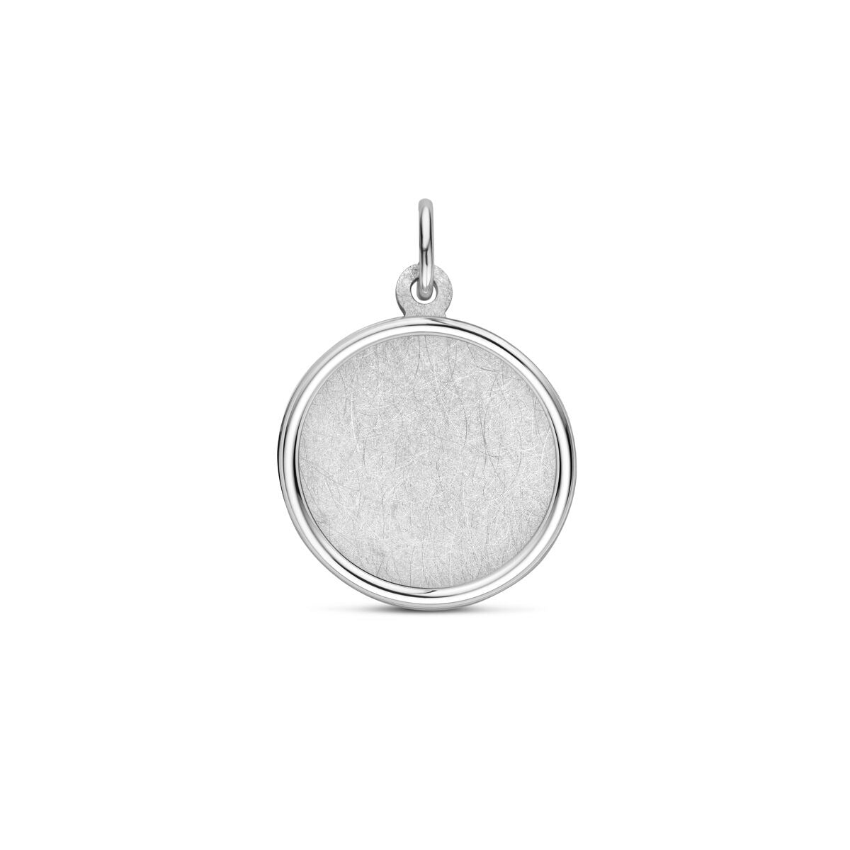 Ciondolo rotondo in argento 925, con effetto opaco e lucido, rivestito in rodio.