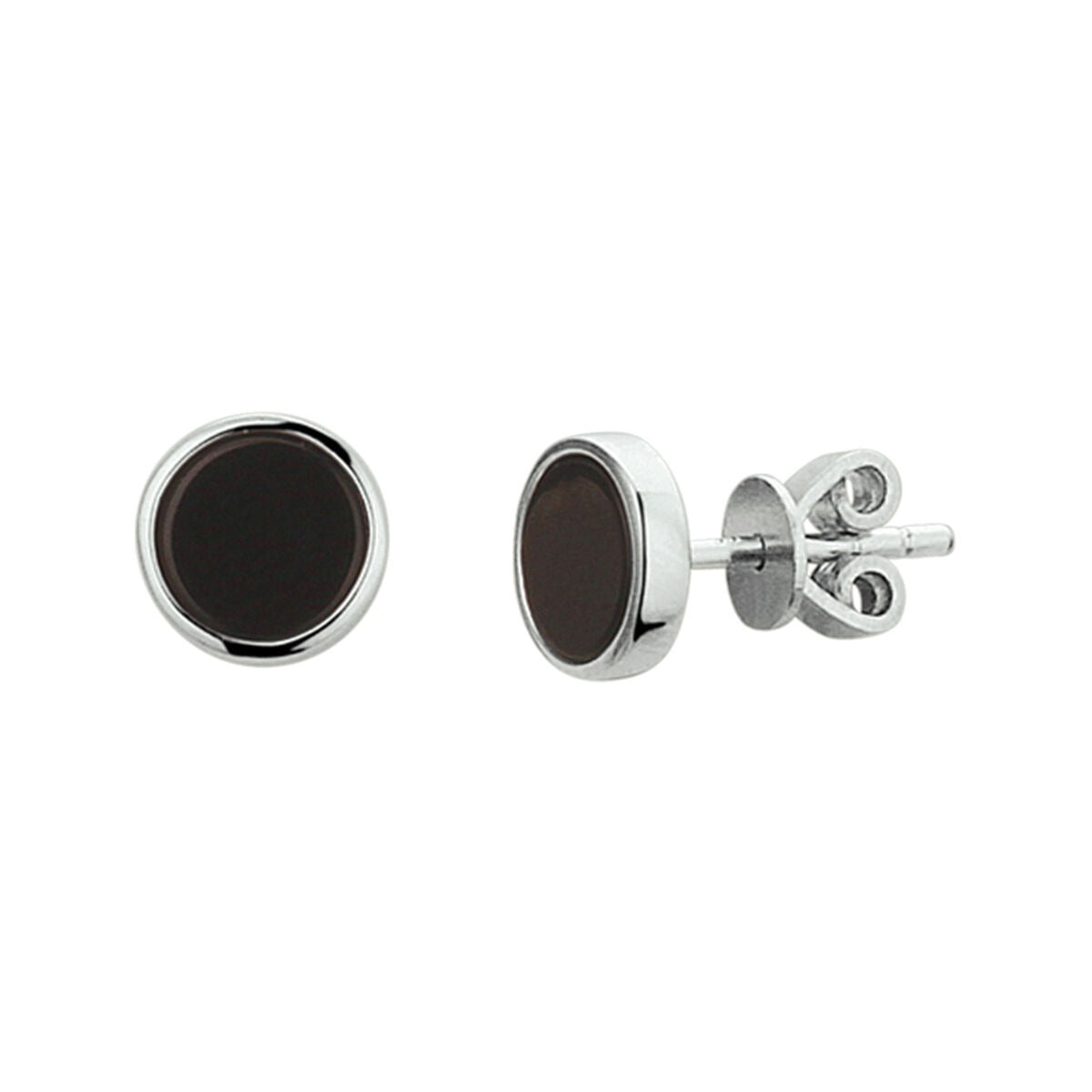 Orecchini in argento rodiato 925 con onice nero, forma rotonda e finitura lucida.