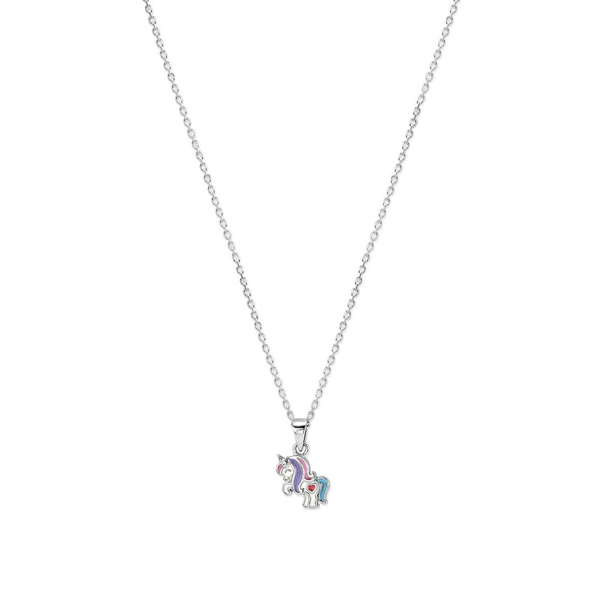 Collana in argento con ciondolo a forma di unicorno, finitura rodiata.