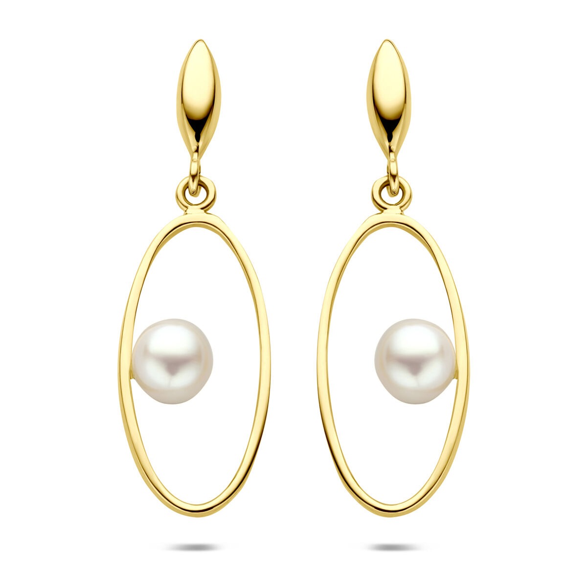 Orecchini in oro giallo 14k con perla, forma ovale, lunghezza 32 mm.