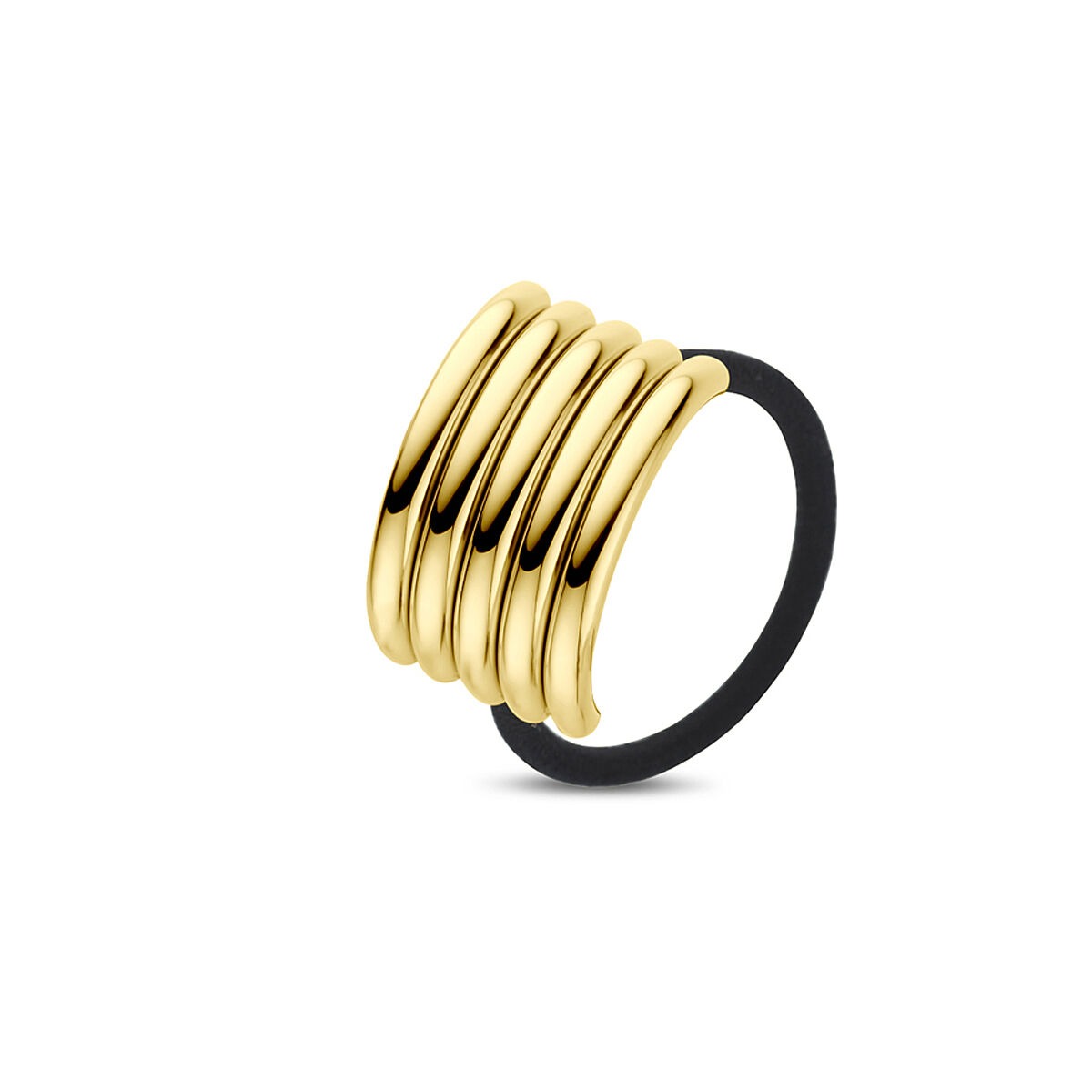 Cuff in acciaio dorato con quattro bande lucide e finitura nera.