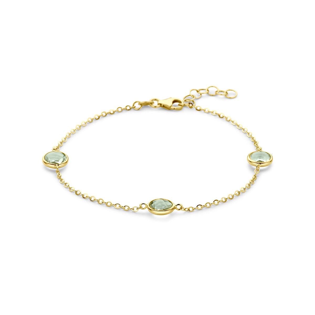 Bracciale in oro giallo 14k con tre ametiste verdi ovali incastonate.