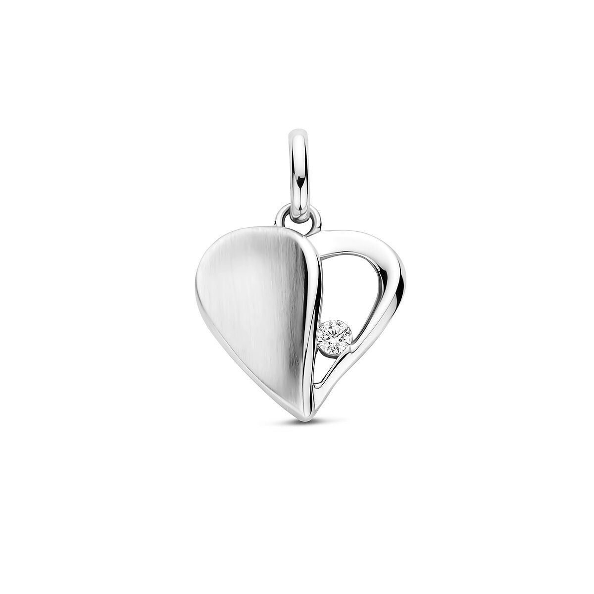 Ciondolo a forma di cuore in argento 925, con zircone e finitura rodiata.