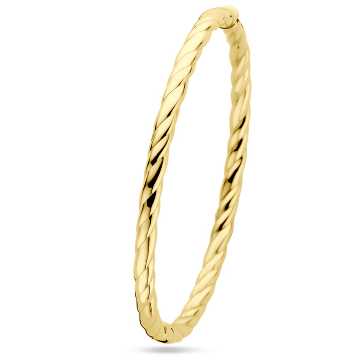 Bracciale in oro giallo 14k con tubo intrecciato, larghezza 4 mm e diametro 60 mm.
