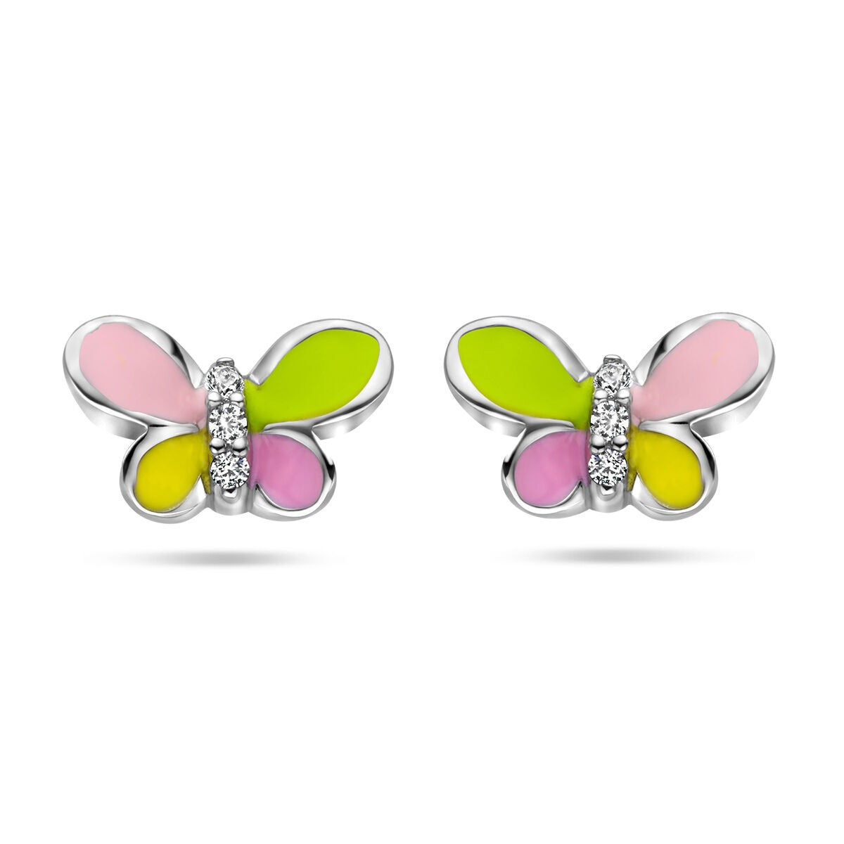 Gerhodineerde zilveren oorknoppen in vlinderdesign met groene, roze en gele emaille en zirkonia-steentjes.