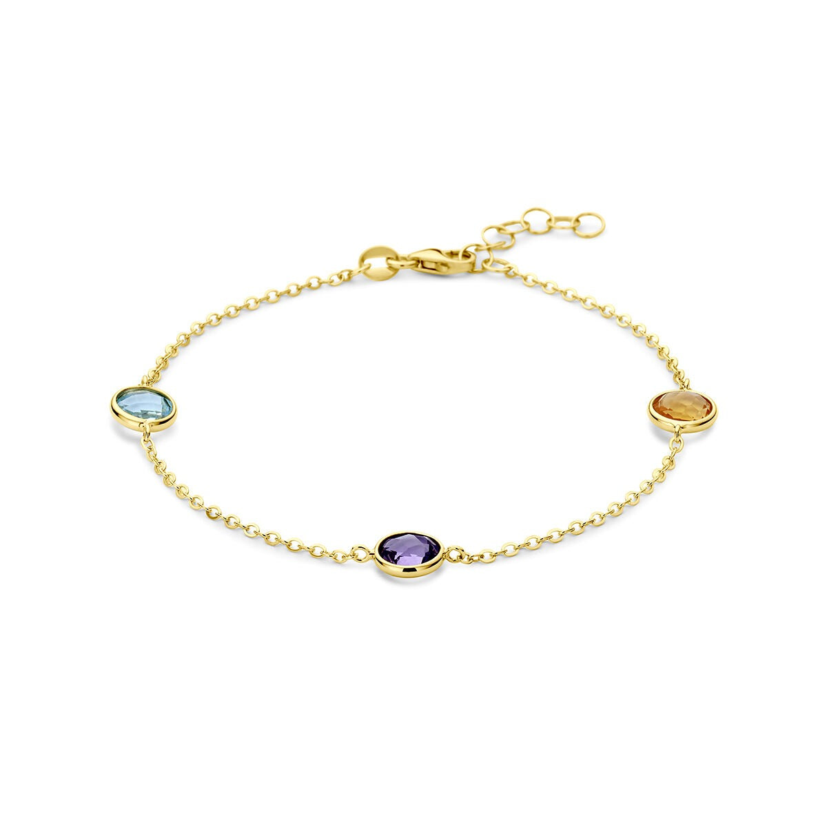Bracciale in oro giallo 14k con citrino, ametista e topazio, con chiusura a moschettone.