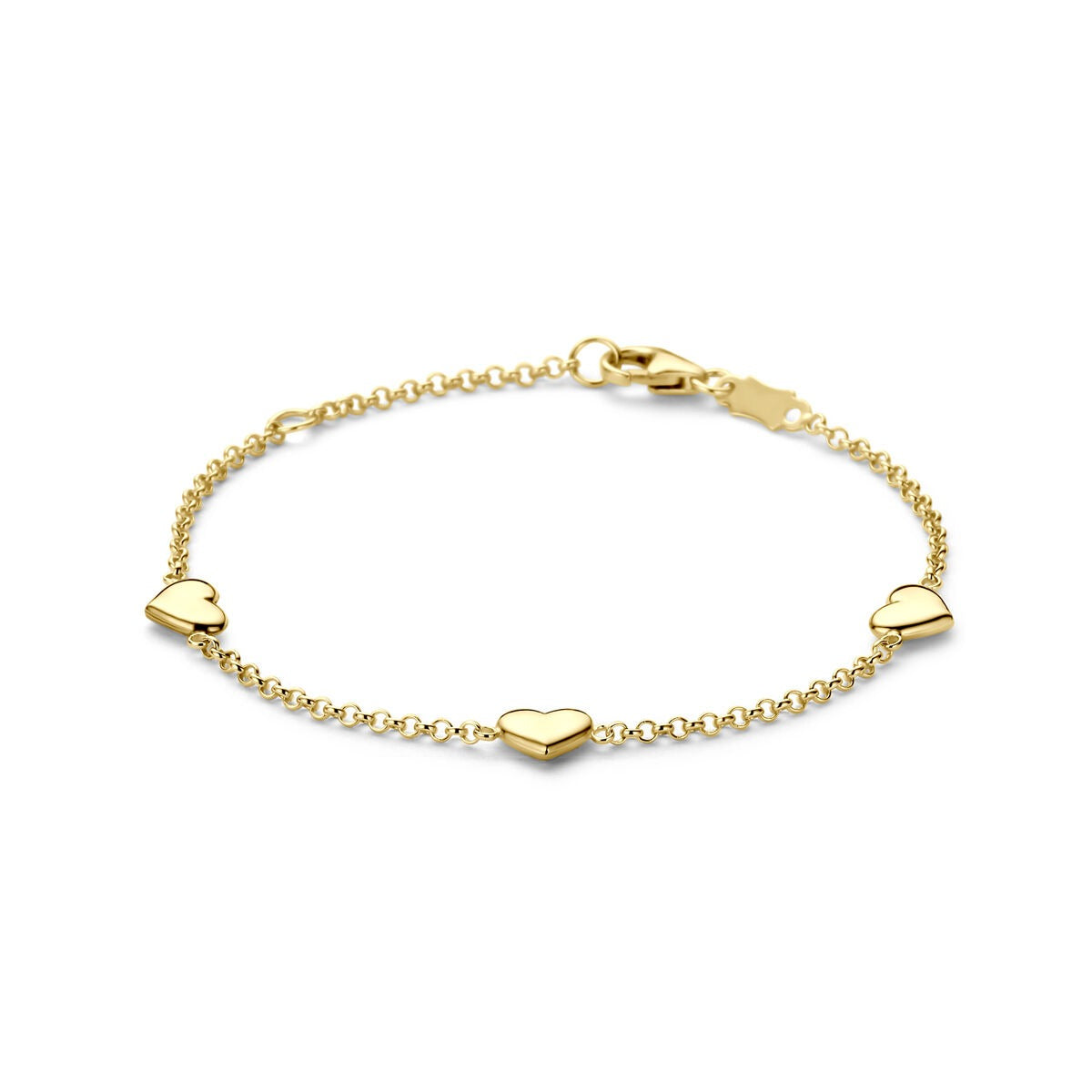 Bracciale in oro giallo 14k con cuori, design delicato e finitura lucida.