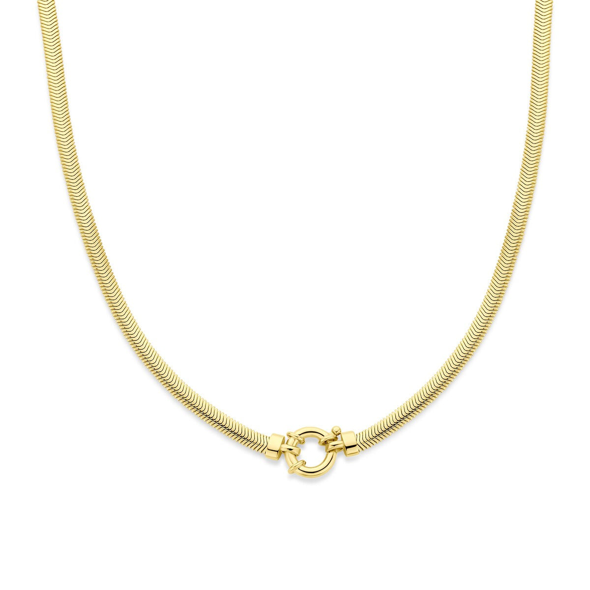 Vergulde 925 zilveren ketting met een platte slangvorm en een ronde sluiting.