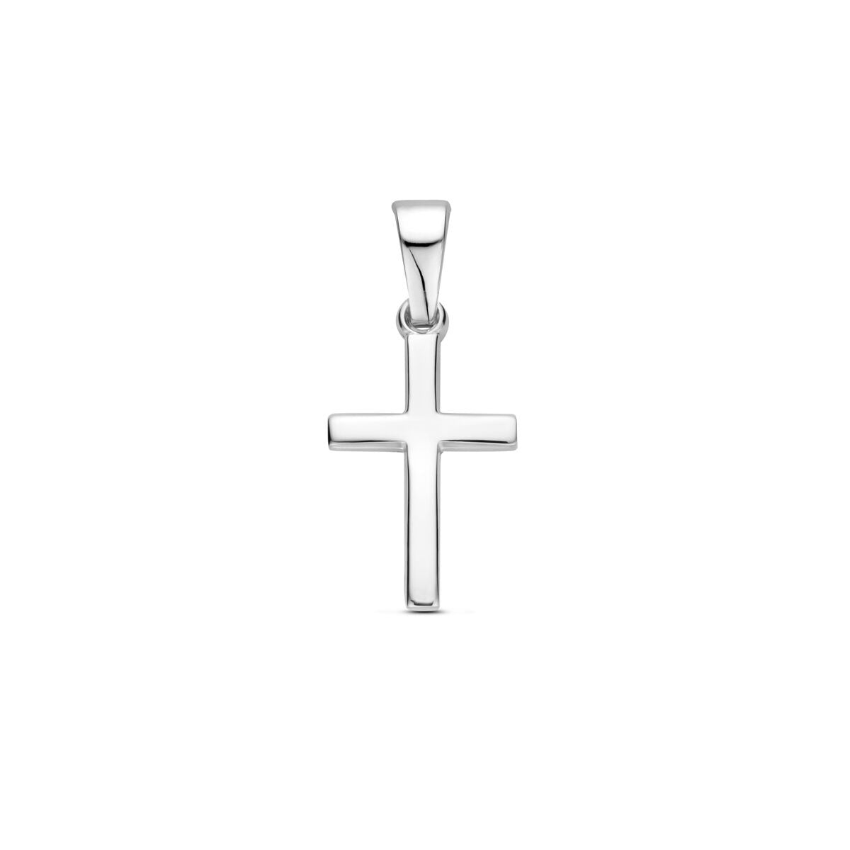 Ciondolo a croce in argento 925 rodiato, con finitura lucida e design semplice.