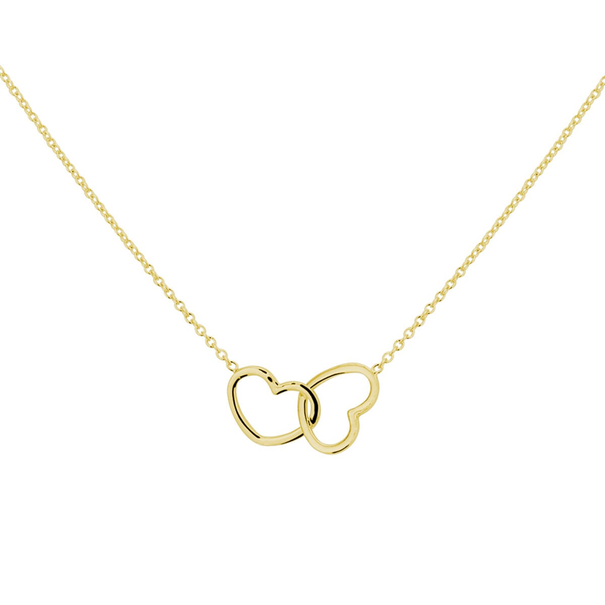 Verguld zilveren collier met twee open hartjes, fijne schakelketting van 40-45 cm.