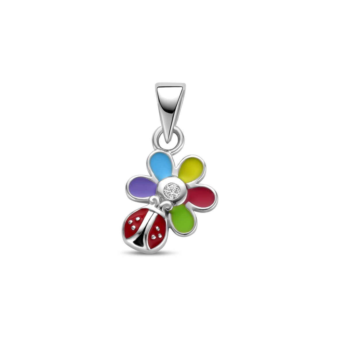 Ciondolo per bambini a forma di fiore con un coccinella, in argento rodiato e smalto colorato.