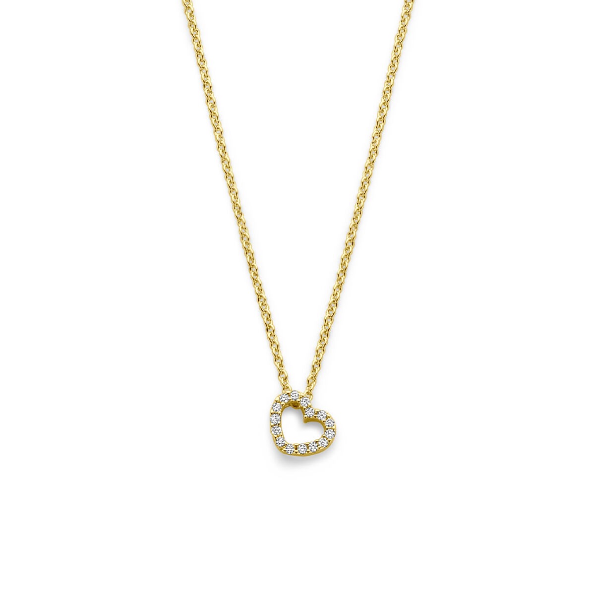 Collana in oro giallo 14k con ciondolo a forma di cuore e diamante.