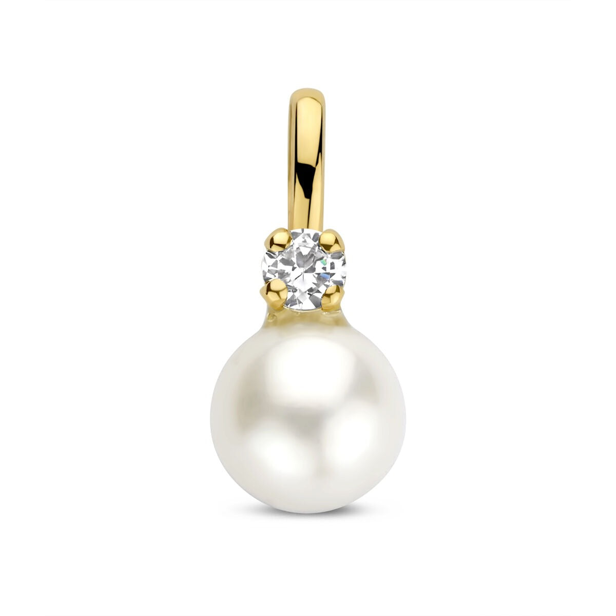 Ciondolo in oro giallo con perla e zirconi, forma rotonda.
