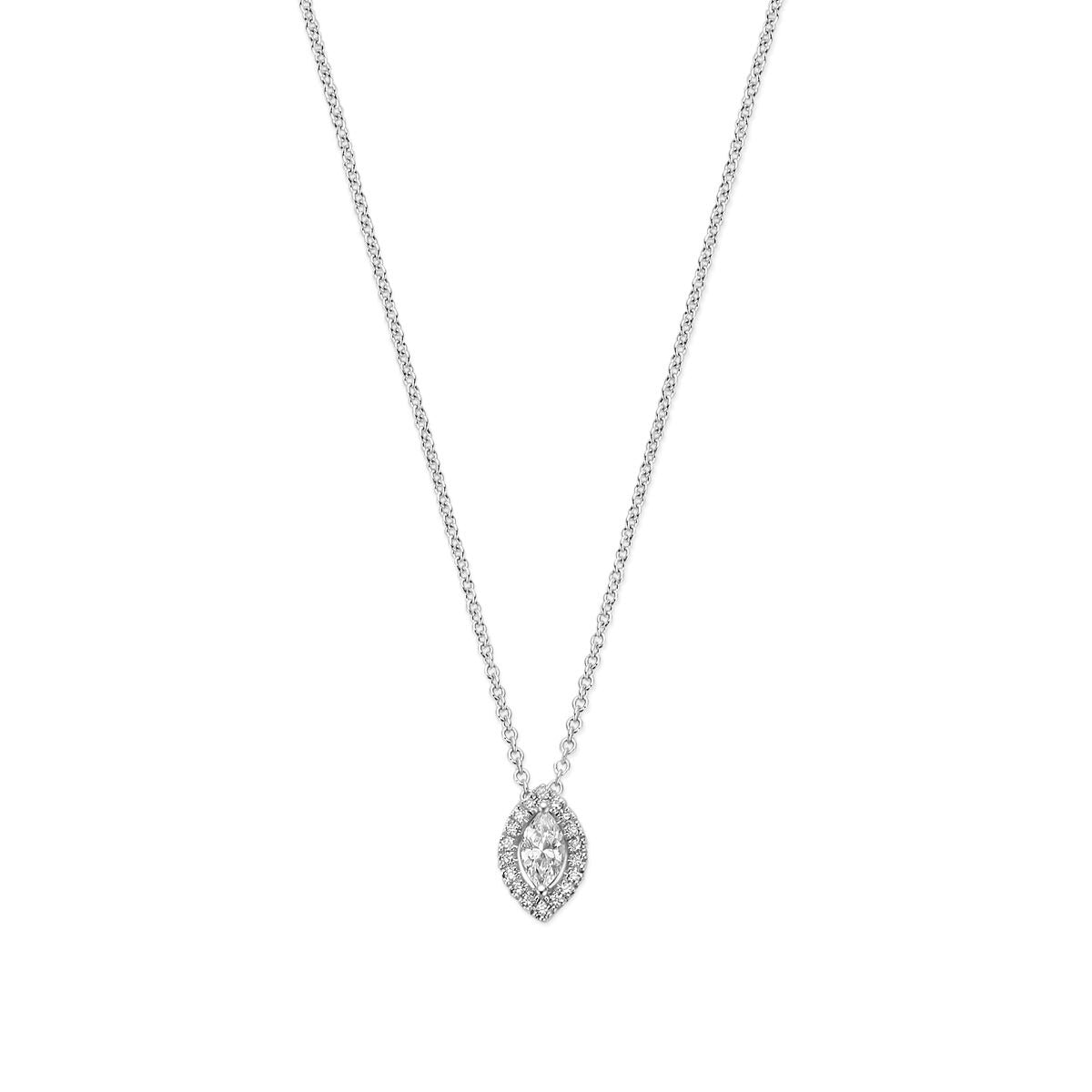 Collana in oro bianco 14k con pendente a forma di goccia decorato con diamanti.