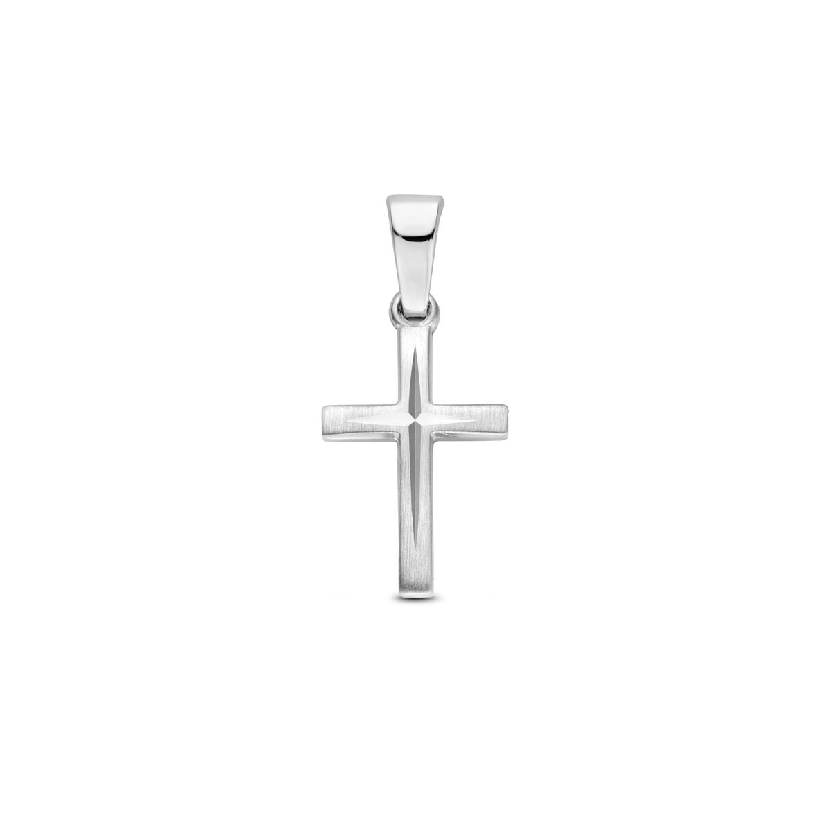 Ciondolo a croce in argento 925 rodiato, finitura lucida e design semplice.