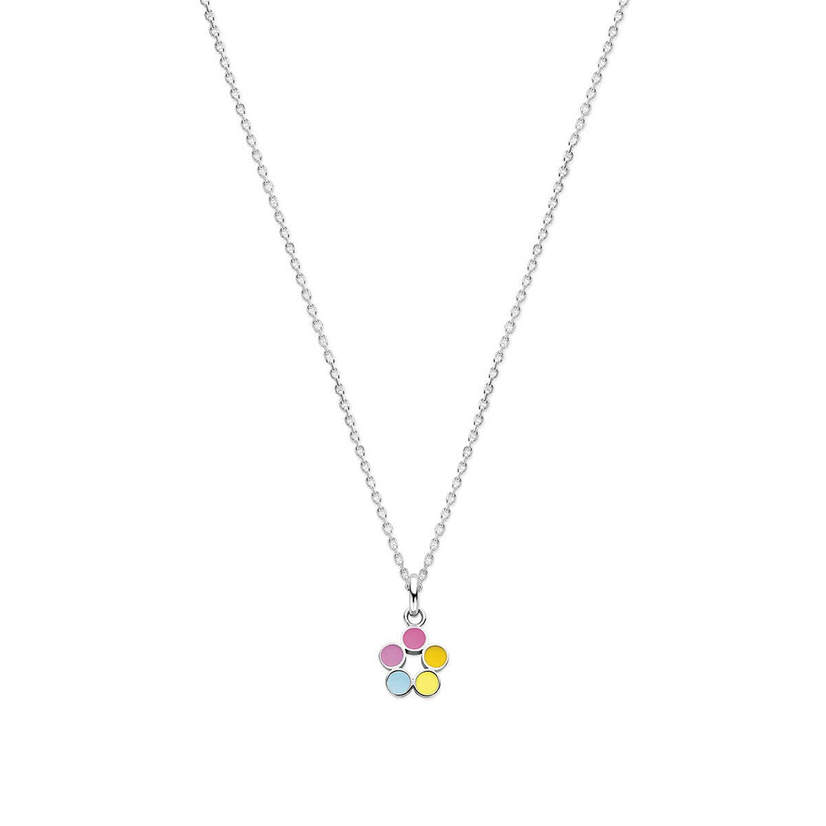 Collana in argento rodiato con pendente a forma di fiore, decorato con pietre colorate.