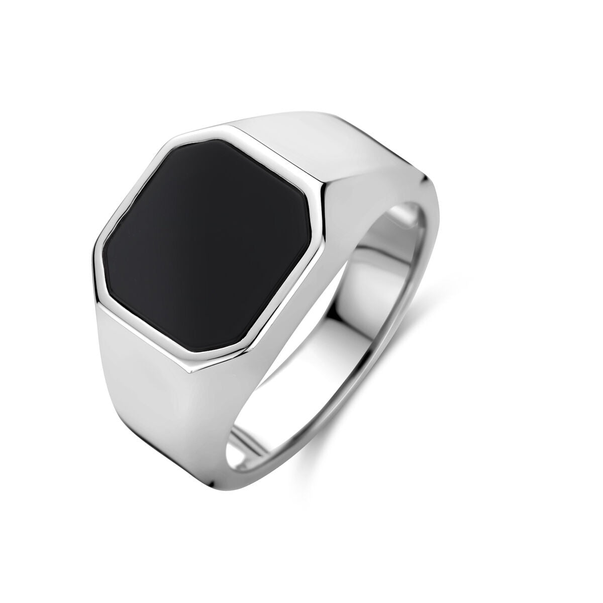 Anello in argento 925 rodiato con onice, forma ottagonale e finitura lucida.