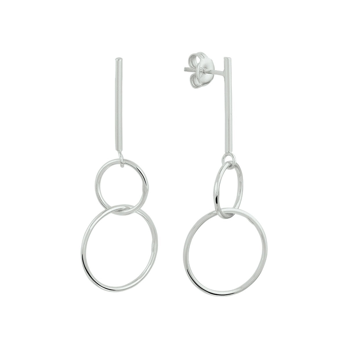 Zilveren oorhangers met een dubbele ring, bestaande uit een lange staaf en twee ringen in verschillende maten.